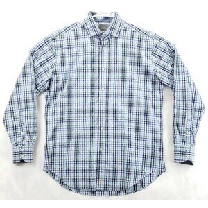 Thomas Dean Shirt Mens Medium Blue White Plaid 100% Cotton Flip Cuffs Button-Up